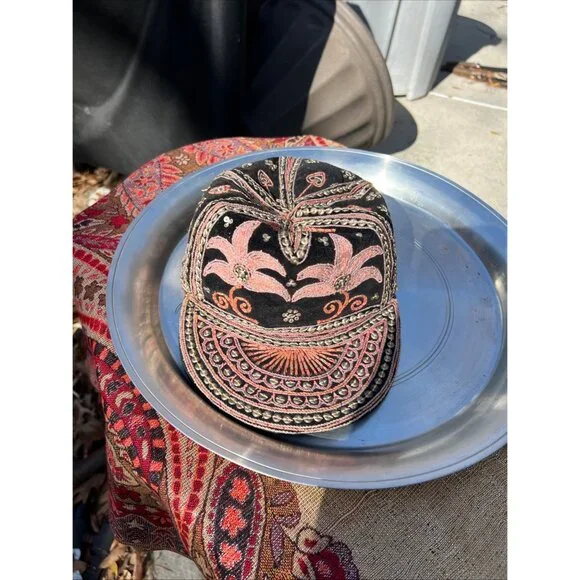 Handcrafted Black & Pink Floral Embroidered Cap Made In Burma With Intricate Bea - Picture 5 of 5